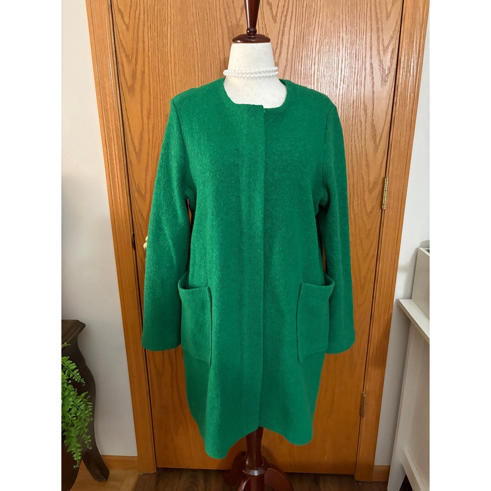 Emerald Green Boiled Wool Blend Collarless Zip Front Pocket Coat Medium